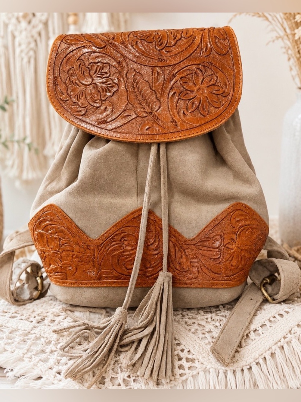 Crosstree Lane Suede & Tooled Leather Backpack Boho Western Tassel Rucksack